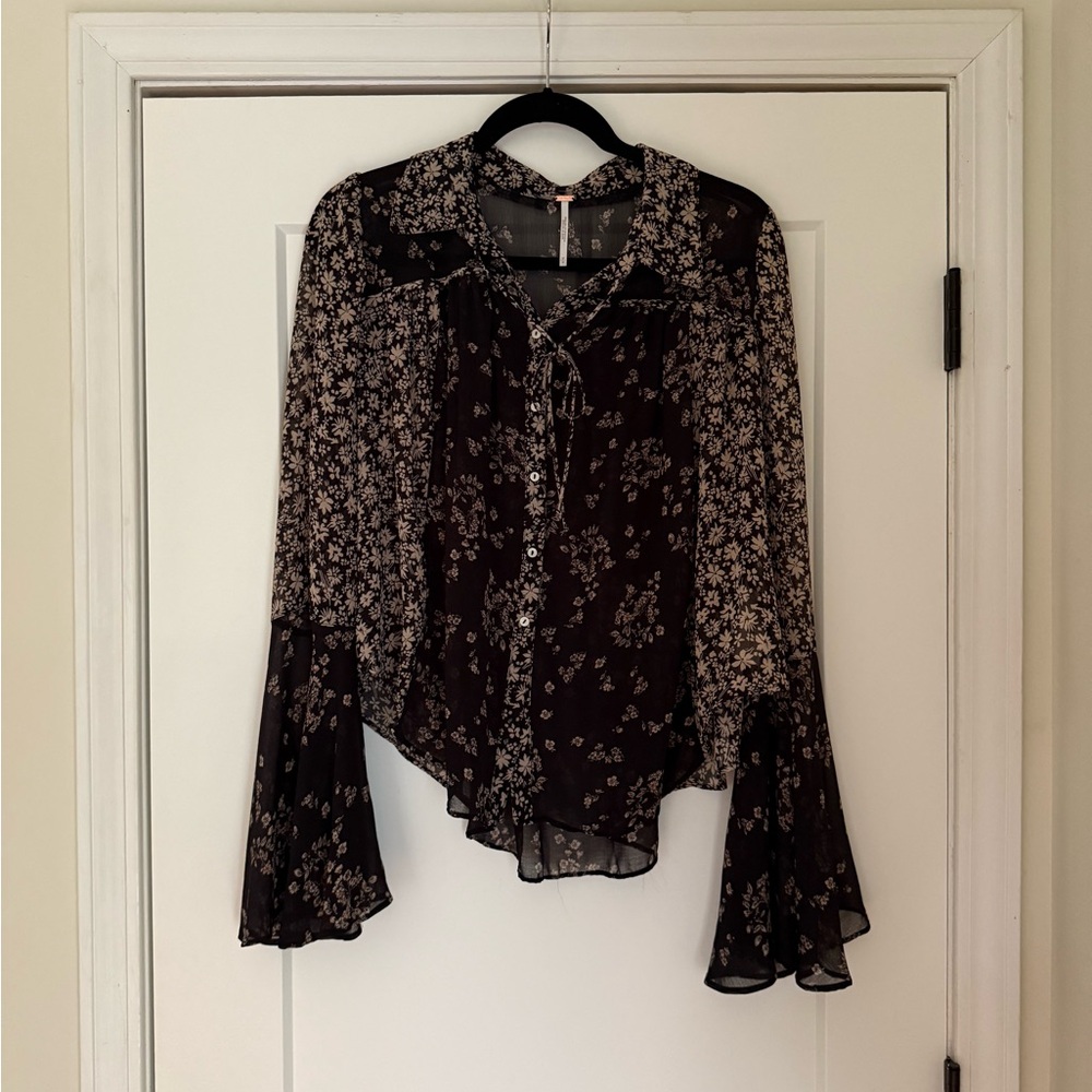 Free People Sheer Floral Black Blouse